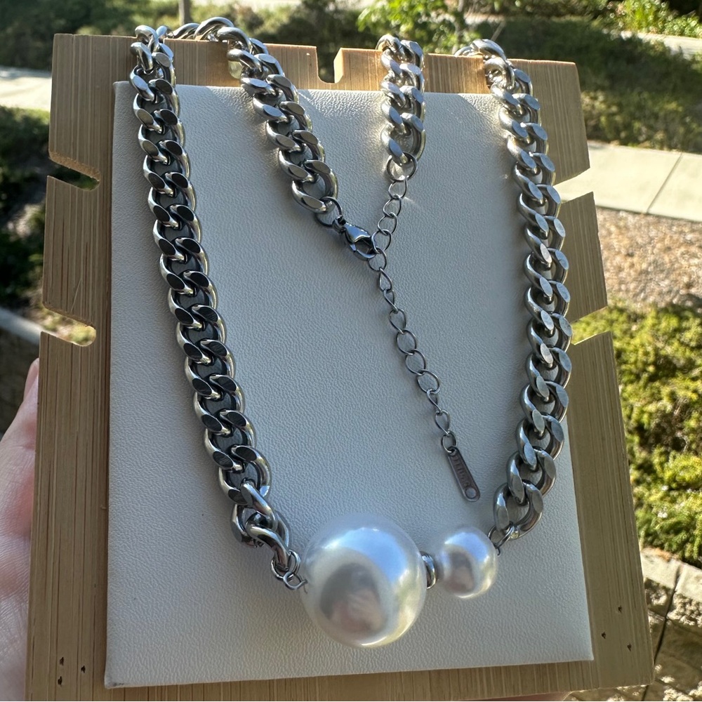 Trendy Silver Chain Link Statement Necklace with Pearl 18k gold plated